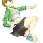  bike_shorts brown_eyes brown_hair clenched_hand dancing green_jacket houndstooth jacket loose_socks misora_yuzu open_clothes open_jacket persona persona_4 persona_4:_dancing_all_night persona_dancing pleated_skirt satonaka_chie shoes short_hair shorts shorts_under_skirt skirt sneakers socks solo tank_top track_jacket wristband 