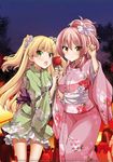  blonde_hair brown_eyes candy_apple food green_eyes idolmaster idolmaster_cinderella_girls japanese_clothes jougasaki_mika jougasaki_rika kazuchi kimono long_hair looking_at_viewer multiple_girls night obi pink_hair sash siblings sisters smile two_side_up updo very_long_hair yukata 