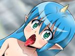  blue_hair genkotsu_herajika green_eyes horn nipple nipples pointy_ears tongue_out 