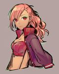  breasts cleavage earrings eyeshadow highres jacket jacket_on_shoulders jewelry long_hair looking_at_viewer makeup medium_breasts open_clothes open_jacket pink_hair red_eyes ruby_(vocaloid) seica solo tan track_jacket vocaloid zipper 