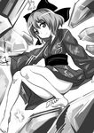  bad_id bad_pixiv_id bare_legs barefoot bow cirno convenient_censoring feet greyscale hair_bow highres hitotsuki_nebura ice ice_wings japanese_clothes kimono looking_at_viewer monochrome obi sash short_hair solo touhou wings 
