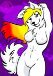  abstract_background akasha_orzora anthro areola arms_above_head blonde_hair blue_eyes breasts canine female fur hair inner_ear_fluff looking_at_viewer mammal multicolored_hair navel nipples nude pussy smile solo tongue tongue_out two_tone_hair white_fur wolf 