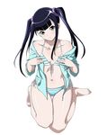  barefoot bikini black_hair collarbone feet flat_chest front-tie_bikini front-tie_top full_body ikkitousen long_hair looking_at_viewer navel off_shoulder official_art saji_genpou_(true) side-tie_bikini simple_background sitting solo striped striped_bikini swimsuit thigh_gap thighs toes twintails white_background yellow_eyes 