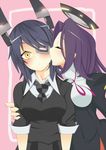  :&lt; arm_around_shoulder blush breasts cheek_kiss closed_eyes eyepatch hair_intakes headgear kantai_collection kiss mechanical_halo medium_breasts moto_jukensei multiple_girls necktie purple_hair ribbon school_uniform serafuku short_hair simple_background tatsuta_(kantai_collection) tenryuu_(kantai_collection) yellow_eyes yuri 