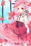  bare_shoulders cup dress drinking_glass elbow_gloves flower frills gloves hat highres kuroi_(liar-player) original red_eyes rose silver_hair solo wine_glass 