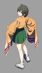  ;) bad_id bad_twitter_id brown_eyes brown_hair from_above full_body green_skirt grey_background grin highres hiryuu_(kantai_collection) japanese_clothes kantai_collection kinosuke_(sositeimanoga) long_sleeves one_eye_closed one_side_up short_hair simple_background skirt smile socks solo standing tabi wide_sleeves 