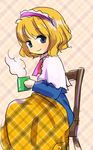  alice_margatroid ascot blanket blonde_hair blue_eyes capelet cup from_side mug plaid plaid_background sitting sketch solo steam tona_(nekotte) touhou 