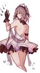  akira_(ying) alternate_costume back backless_outfit bad_id bad_pixiv_id bare_back black_gloves danmaku dress from_behind gloves highres izayoi_sakuya jitome looking_at_viewer looking_back maid_headdress short_dress short_hair silver_dress silver_hair solo touhou 