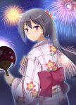  akebono_(kantai_collection) fan fireworks floral_print flower hair_flower hair_ornament japanese_clothes kantai_collection kimono long_hair looking_back paper_fan purple_hair sazaki_hiyoru solo uchiwa 