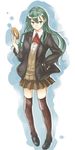  absurdres ascot bad_id bad_pixiv_id blazer brown_legwear brown_skirt coat collared_shirt cravat doughnut food full_body green_eyes green_hair hand_on_hip highres jacket kantai_collection loafers long_hair long_sleeves looking_at_viewer looking_to_the_side school_uniform shirt shoes skirt smile solo standing suzuya_(kantai_collection) sweater sy-l-via thighhighs white_shirt zettai_ryouiki 