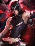  bandage black_hair blood blood_on_face cowboy_shot erection forehead_protector gradient gradient_background jacket_on_shoulders konohagakure_symbol licking_lips male_focus naruto nipple_slip nipples red_eyes sakimichan shuriken single_elbow_glove sitting solo tongue tongue_out torn_clothes uchiha_itachi uncensored 