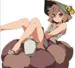  animal_ears bell brown_eyes brown_hair convenient_censoring futatsuiwa_mamizou glasses gourd hasebe_yuusaku leaf leaf_on_head looking_at_viewer raccoon_ears raccoon_tail sandals shirt short_hair simple_background skirt sleeveless smile solo tail touhou white_background 