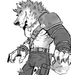  canine clothed clothing digimon dog_tags half-dressed jubidoobydoo male mammal monochrome plain_background skull smile solo topless were weregarurumon werewolf white_background 