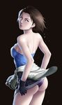  1girl ass back bare_shoulders black_hair blue_eyes breasts capcom clothes_around_waist female fingerless_gloves gloves highres impossible_clothes impossible_shirt jill_valentine large_breasts legs looking_back miniskirt panties purple_panties resident_evil resident_evil_3 shirt short_hair simple_background skirt skirt_lift solo standing strapless sweat sweater_around_waist thighs thor_(deep_rising) underwear 