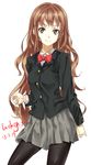  blazer brown_eyes brown_hair character_request hair_ornament hairclip highres jacket long_hair pantyhose school_uniform skirt sm318 smile solo 