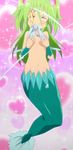 1girl blush breasts eyes_closed gradient gradient_background green_hair mermaid monster_girl muromi-san namiuchigiwa_no_muromi-san navel screencap solo stitched 