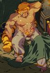  2015 abs animal_humanoid balls bed biceps blush breath_of_fire clothed clothing cray erection fur hair half-dressed kourney male mammal muscles nipples on_bed penis solo video_games woren 