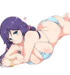  bad_id bad_twitter_id barefoot bikini blue_bikini blush bracelet breasts cleavage green_eyes heart highres inactive_account jewelry large_breasts long_hair love_live! love_live!_school_idol_project low_twintails lying moisture_(chichi) on_stomach purple_hair simple_background smile solo swimsuit toujou_nozomi twintails white_background 