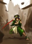  ankle_cuffs anklet avatar:_the_last_airbender avatar_(series) barefoot blind capri_pants chinese_clothes closed_eyes darren_geers highres jewelry katana pants parody reverse_grip sheath shirasaya sword toph_bei_fong weapon zatoichi 