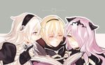  2girls blonde_hair blush book brother_and_sister camilla_(fire_emblem_if) female_my_unit_(fire_emblem_if) fire_emblem fire_emblem_if gloves hair_over_one_eye hairband highres leon_(fire_emblem_if) long_hair multiple_girls my_unit_(fire_emblem_if) purple_eyes purple_hair siblings vento white_hair 