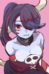  blue_skin breasts cleavage detached_sleeves from_above hair_over_one_eye leviathan_(skullgirls) long_hair lowres medium_breasts pink_background purple_hair red_eyes side_ponytail simple_background skull skullgirls solo squigly_(skullgirls) stitched_mouth stitches striped toi_(toiot) 