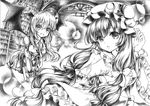  :d ahoge bad_id bad_pixiv_id bending_forward book bookshelf crescent crescent_hair_ornament demon_wings double_bun graphite_(medium) greyscale hair_ornament hair_ribbon hand_on_headwear hat head_wings koakuma lakestep55 library long_hair long_sleeves looking_at_viewer miniskirt mob_cap monochrome multiple_girls necktie open_mouth parted_lips patchouli_knowledge ribbon robe sidelocks skirt smile touhou traditional_media tress_ribbon very_long_hair wings 