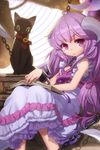  ahoge amrita black_cat book bow cat chain dress frilled_dress frills frown hair_ribbon holding horns layered_dress lock long_hair open_mouth purple_hair ribbon sitting solo sword_girls very_long_hair whoisshe 