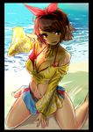  absurdres barefoot beach black_border border bra breasts brown_hair cleavage dark_skin earrings highres hoop_earrings jewelry josie_rizal large_breasts midriff miniskirt navel nukkoru ocean off-shoulder_shirt panties red_bra red_panties shirt short_hair sitting skirt solo tekken tekken_7 underwear wariza 