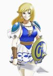  armor blonde_hair blue_eyes breasts cleavage highres long_hair looking_at_viewer medium_breasts shield skirt solo sophitia_alexandra soulcalibur standing sword tare-katsu weapon white_background wrist_cuffs 