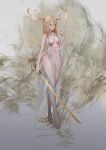  1girl absurdres antlers bare_arms bare_hips bare_shoulders blonde_hair blue_eyes breasts center_opening chain cleavage closed_mouth commentary crossed_legs deer_antlers deer_girl dress english_commentary full_body glasses hair_between_eyes highres holding holding_sword holding_weapon horns kelou large_breasts long_hair looking_at_viewer mori_kei navel no_bra no_panties no_shoes original pelvic_curtain revealing_clothes see-through_clothes see-through_dress side_slit sleeveless sleeveless_dress solo standing sword thighhighs thighs watson_cross weapon white_dress white_thighhighs 