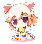  1girl :3 azuma_meri barefoot chibi chibi_only closed_mouth coin commentary_request double-parted_bangs full_body fumo_(doll) gold goutokuji_mike hair_between_eyes highres koban_(gold) multicolored_hair orange_eyes orange_hair red_streaks shirt short_hair short_sleeves simple_background sitting skirt skirt_set smile solo streaked_hair touhou white_background white_hair white_shirt white_skirt 