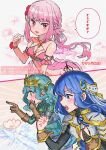  3girls absurdres armlet armor bare_shoulders belt bikini bikini_ribbon bishie_sparkle black_ribbon black_shirt blue_dress blue_eyes blue_gem blue_hair blue_ribbon blunt_bangs blush bracelet braid breastplate breasts bridal_gauntlets brown_belt brown_bridal_gauntlets brown_gloves chest_jewel clam_shell cleavage clenched_hands colored_speech_bubble commentary_request crescent crescent_necklace crown dot_nose dress emphasis_lines flower fountain frilled_armlet frilled_skirt frills futaba_sana gaijin_4koma_(meme) gem gem_hair_ornament gloves gold_crown green_eyes green_hair green_sweater hair_bobbles hair_flower hair_ornament hair_rings halterneck hand_on_own_chin heart highres jewelry light_blush long_hair long_sleeves loose_hair_strand low_ponytail magia_record:_mahou_shoujo_madoka_magica_gaiden magical_girl mahou_shoujo_madoka_magica mahou_shoujo_madoka_magica_magia_exedra meme miniskirt multiple_girls nanami_yachiyo neck_ribbon necklace official_alternate_costume open_mouth pauldrons pink_bikini pink_eyes pink_flower pink_gem pink_hair pink_sarong pointing pointing_at_self pointy_nose ponytail raised_inner_eyebrows red_flower ribbon sarong see-through_clothes see-through_sarong shirt shirt_under_dress shoulder_armor sidelocks single_braid single_hair_ring skirt smile soul_gem speech_bubble stomach string sweater swimsuit tamaki_iroha tamaki_iroha_(swimsuit_ver.) tareme totte translation_request turtleneck turtleneck_shirt turtleneck_sweater twintails veil very_long_hair watermark white_skirt white_veil wrist_flower yuri 
