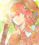  1girl azrael_(jingmiddotyixingchen) black_ribbon brown_gloves brown_hat brown_jacket buttons chinese_commentary collared_jacket collared_shirt commentary_request commission day elbow_gloves falling_leaves fingerless_gloves gloves hair_ribbon hand_on_headwear happy hat highres infinity_nikki jacket lapels leaf light_rays long_sidelocks low_twintails necktie nikki_(nikki) nikki_(series) notched_lapels outdoors pink_hair puffy_short_sleeves puffy_sleeves red_necktie ribbon ribbon-trimmed_shirt ribbon_trim sample_watermark shirt short_sleeves sidelocks solo sunlight too_many_watermarks tree tress_ribbon twintails upper_body watermark watermark_grid white_shirt 