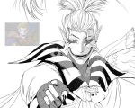  1boy clown commentary derivative_work earrings facepaint final_fantasy final_fantasy_vi final_fantasy_xiv fingernails gloves highres jewelry kefka_palazzo long_hair looking_at_viewer makeup male_focus monochrome pointing pointing_at_viewer pointy_ears ponytail screenshot_redraw sharp_fingernails shh_gdr smile solo untranslatable_commentary white_background 
