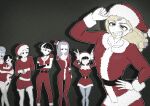 3girls 4boys ^v^ absurdres alternate_costume balding commentary_request double_v dress family frown grid_teeth happy hat higashikata_daiya higashikata_hato higashikata_joshu higashikata_josuke_(jojolion) higashikata_mitsuba higashikata_norisuke_iv higashikata_tsurugi highres holding jojo_no_kimyou_na_bouken jojolion light_frown mini_hat mini_santa_hat multiple_boys multiple_girls pantyhose santa_costume santa_dress santa_hat siblings smile souzou_bunni surprised thighhighs v 
