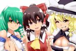  bad_id bad_pixiv_id blonde_hair bloom breasts cleavage hakurei_reimu hyudora kirisame_marisa kochiya_sanae medium_breasts multiple_girls one_eye_closed sideboob touhou v 