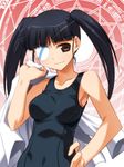  alternate_hairstyle bad_id bad_pixiv_id black_hair brown_eyes covered_navel eyepatch hand_on_hip long_hair magic_circle navel one-piece_swimsuit sakamoto_mio school_swimsuit smile solo strike_witches swimsuit twintails umekichi world_witches_series 