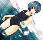  bad_id bad_pixiv_id brown_eyes cherry_blossoms dutch_angle food green_hair mimura_zaja mouth_hold one-piece_swimsuit original petals pocky school_swimsuit short_hair solo swimsuit 