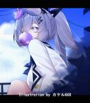  1girl alternate_costume artist_name blazer blowing_bubble_gum blue_bow blue_bowtie bow bowtie breasts chewing_gum commentary_request contrast_collar eyewear_on_head graphia_academy_school_uniform grey_eyes grey_hair honkai:_star_rail honkai_(series) jacket large_breasts letterboxed long_sleeves looking_at_viewer outdoors ponytail purple-tinted_eyewear school_uniform shirt silver_wolf_(honkai:_star_rail) sitting solo srpzk tinted_eyewear upper_body white_jacket white_shirt 