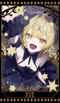  1girl :d arm_up armpits bare_shoulders black_border black_dress black_sleeves blonde_hair blush border card_(medium) center-flap_bangs collared_dress commentary_request detached_sleeves dress english_commentary english_text frilled_wrist_cuffs frills from_above hair_ornament halter_dress halterneck heterochromia highres hoshikawa_sara long_hair looking_at_viewer looking_up mixed-language_commentary nijisanji nizisharp5178 official_alternate_costume open_mouth red_eyes roman_numeral short_sleeves six_pointed_star smile solo star_(symbol) tarot tarot_(medium) the_star_(tarot) upper_body very_long_hair virtual_youtuber wrist_cuffs x_hair_ornament yellow_eyes 