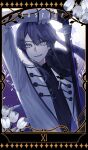  1boy aqua_eyes arm_up black_border black_gloves black_shirt black_trim blue_hair border card_(medium) commentary_request cool_colors english_commentary english_text flower gloves gradient_background grin highres holding holding_sword holding_weapon jacket justice_(tarot) katana long_hair long_sidelocks long_sleeves looking_at_viewer male_focus mixed-language_commentary nagao_kei nijisanji nizisharp5178 official_alternate_costume open_clothes open_jacket ponytail purple_background roman_numeral shirt sidelocks six_pointed_star sleeve_cuffs smile solo sword tarot tarot_(medium) tulip upper_body virtual_youtuber weapon white_background white_flower white_jacket white_tulip 