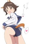  1girl :d animal_ears ass blue_one-piece_swimsuit blush brown_eyes brown_hair commentary from_behind heart highres long_sleeves looking_at_viewer miyafuji_yoshika one-piece_swimsuit shirt short_hair simple_background smile solo spoken_heart strike_witches swimsuit tail translated umanosuke white_background white_shirt world_witches_series 