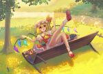  1girl absurdres ascot blonde_hair bloomers chinese_commentary collared_shirt commentary_request crystal crystal_wings day flandre_scarlet frilled_shirt_collar frilled_skirt frills grass hat hat_ribbon highres mcdonald's mob_cap multicolored_wings on_bench one_side_up open_mouth outdoors puffy_short_sleeves puffy_sleeves ran_ran_ru red_eyes red_shoes red_skirt red_vest ribbon shirt shoes short_sleeves skirt skirt_set smile solo toorooo touhou tree vest white_bloomers white_hat white_shirt wings yellow_ascot 
