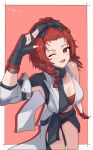  1girl :d ;d absurdres ang_bai_quan asymmetrical_gloves bangs_pinned_back black_bow black_gloves border bow braid breasts chinese_commentary chixia_(wuthering_waves) cleavage clothes_around_waist commentary_request fingerless_gloves freckles gloves hair_bow hand_up highres jacket long_hair looking_at_viewer medium_breasts mismatched_gloves multicolored_hair one_eye_closed open_mouth red_background red_eyes red_gloves red_hair red_shorts shorts smile solo streaked_hair three-finger_salute white_border white_jacket wuthering_waves 