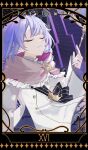  1girl :3 black_border border buttons capelet card_(medium) closed_eyes closed_mouth coat commentary_request double-breasted english_commentary english_text frilled_capelet frills highres holding long_hair long_sleeves mixed-language_commentary nijisanji nizisharp5178 official_alternate_costume pink_capelet purple_background purple_hair roman_numeral smile solo tarot tarot_(medium) the_tower_(tarot) upper_body virtual_youtuber white_coat yuuki_chihiro 