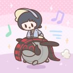  1girl ^_^ black_hair blunt_bangs blush blush_stickers bonnet cafe_(chuu_no_ouchi) chibi chibi_only child closed_eyes commentary_request dust grey_bonnet iron_treads long_sleeves motion_lines musical_note no_nose non-humanoid_robot open_mouth pokemon pokemon_(creature) pokemon_scarlet_and_violet polka_dot polka_dot_background poppy_(pokemon) riding riding_pokemon robot robot_animal running short_hair smile solid_oval_eyes 