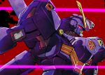  battle commentary_request crossbone_gundam crossbone_gundam_x-2 crossbone_vanguard emblem energy_beam fins from_side glowing glowing_eyes gundam head_fins highres jolly_roger kuroiwa_cookie logo looking_to_the_side mecha mecha_focus mecha_request mobile_suit no_humans purple_eyes red_background robot roundel science_fiction solo v-fin 
