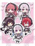  1pinpon 5girls :d ahoge ange_katrina animal_ears animal_hair_ornament apron black_skirt black_tail black_wings blue_eyes blue_hair blush bobby_socks border bow bowtie breasts brown_hair brown_tail cafe_cutemare_uniform chibi chibi_only closed_mouth collar commentary_request demon_tail demon_wings detached_collar dog_ears dog_girl dog_tail dot_nose double_bun drop_shadow english_commentary fang fangs frilled_apron frilled_shirt frilled_skirt frilled_socks frilled_thighhighs frills glove_bow gloves gradient_eyes grey_bow grey_bowtie grey_gloves grey_headdress grey_shoes grey_socks hair_between_eyes hair_bun hair_intakes hair_ornament hand_up heart heart_hair_ornament heart_hands heterochromia highres inui_toko layered_skirt lize_helesta long_hair low_wings maid maid_headdress mini_wings miniskirt mixed-language_commentary mole mole_under_eye multicolored_eyes multicolored_hair multiple_girls multiple_thigh_straps name_tag nijisanji one_eye_closed open_mouth outline pink_background pink_hair pink_shirt pink_skirt ponytail puffy_short_sleeves puffy_sleeves purple_eyes red_eyes red_hair sanbaka_(nijisanji) sasaki_saku sebastian_piyodore shiina_yuika shirt shirt_tucked_in shoes short_sleeves skirt small_breasts smile socks sparkling_eyes streaked_hair tail thigh_strap thighhighs twintails two-tone_hair two_side_up very_long_hair virtual_youtuber waist_apron waving white_apron white_border white_hair white_outline white_socks white_thighhighs wings yellow_eyes zettai_ryouiki 