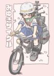  1girl ^_^ absurdres bicycle black_hair blue_skirt blush bocchi-ya-nawi bow closed_eyes commentary_request grey_background grey_sailor_collar grin helmet highres kantai_collection miyuki_(kancolle) on_bicycle pink_background pleated_skirt red_bow riding riding_bicycle sailor_collar school_uniform serafuku shirt short_hair short_sleeves skirt smile solo translated two-tone_background white_helmet white_shirt 