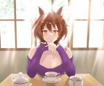  1girl agnes_tachyon_(casual)_(umamusume) agnes_tachyon_(umamusume) ahoge animal_ears breasts brown_hair cleavage closed_mouth commentary cup day english_commentary finley_(aquwa) gendou_pose highres horse_ears horse_girl indoors long_sleeves looking_at_viewer medium_breasts off-shoulder_shirt off_shoulder orange_eyes own_hands_clasped own_hands_together purple_shirt saucer shirt short_hair smile solo spoon table tea teacup teapot umamusume upper_body window 